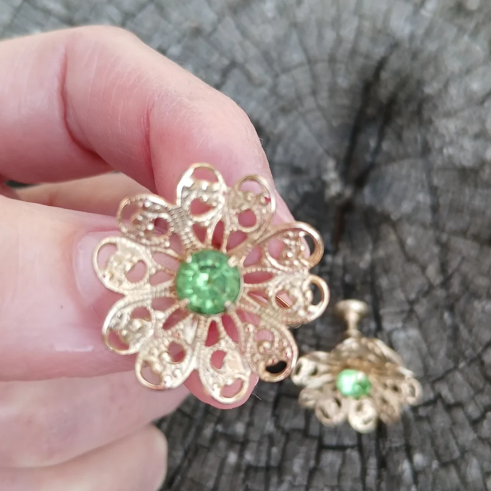 Vintage Elegant Gold Floral Earrings with Green Gem Statement Screw Back